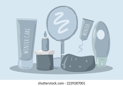ilustración de vector de mano plana sobre el tema de cosméticos para el invierno, cuidado de la piel en tiempo frío