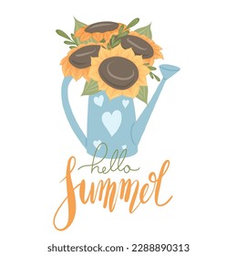 Vector flat hand drawn illustration of a garden watering can and sunflower bouquet with lettering. Slogan hello summer. Floral card with quote