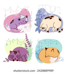 Ilustración dibujada a mano plana del vector de los animales adorables del bebé que duermen con las hierbas calmantes alrededor. Personajes de dibujos animados para invitación, póster, pegatina, impresión y tarjeta de felicitación.