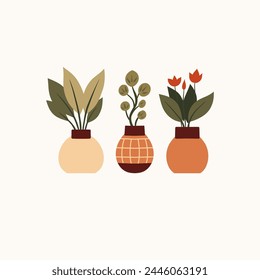 Vector flat hand drawn illustration of home plants and flowers in clay vases. Composition of flowerpots in gentle beige colors. Greenery in pots. Home hobby and flower shop.