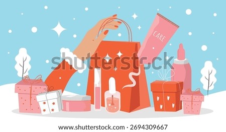 vector flat hand drawn illustration on the theme of cosmetics for the winter time, skin care in cold weather, a cosmetic gift for christmas. hand and face creams, lipstick.