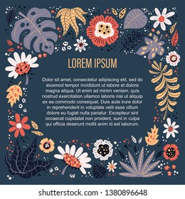 Vector flat hand drawn illustrations. Place for your text surrounded by plants and flowers. Isolated objects for your design. Each object can be changed and moved. 