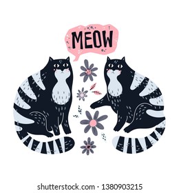 Vector flat hand drawn illustrations. Cute cats with flowers. Isolated objects for your design. Each object can be changed and moved. 