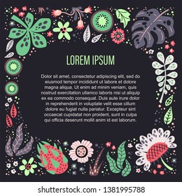 Vector flat hand drawn illustrations. Place for your text surrounded by plants, fruits and flowers. Isolated objects for your design. Each object can be changed and moved.
