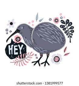 Vector flat hand drawn illustrations. Cute kiwi bird surrounded by plants and flowers. Isolated objects for your design. Each object can be changed and moved. 