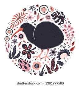 Vector flat hand drawn illustrations. Cute kiwi bird surrounded by plants and flowers. Isolated objects for your design. Each object can be changed and moved. 