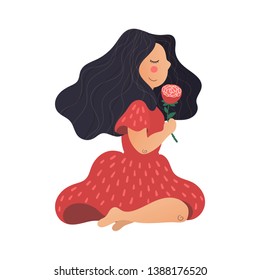 Vector flat hand drawn illustrations. Pretty girl with a flower in her hand. Isolated objects for your design. Each object can be changed and moved.