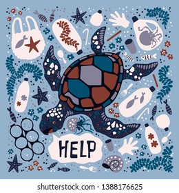 Vector flat hand drawn illustrations. Sea turtle surrounded by marine litter and waste. Isolated objects for your design. Each object can be changed and moved.