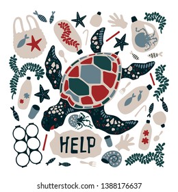 Vector flat hand drawn illustrations. Sea turtle surrounded by marine litter and waste. Isolated objects for your design. Each object can be changed and moved.