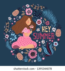 Vector flat hand drawn illustrations. Pretty girl surrounded by tropical fruits, plants and flowers. Lettering: Hey Summer. Isolated objects for your design. Each object can be changed and moved.