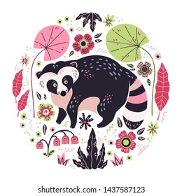 Vector flat hand drawn illustrations. Cute raccoon surrounded by plants and flowers. Isolated objects for your design. Each object can be changed and moved.