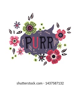 Vector flat hand drawn illustrations. Lettering: Purr - surrounded by plants and flowers. Isolated objects for your design. Each object can be changed and moved.