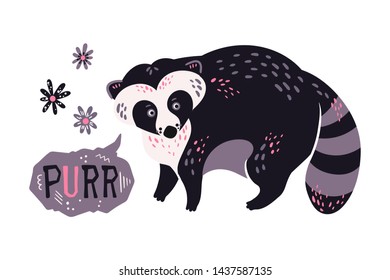 Vector flat hand drawn illustrations. Cute raccoon with flowers. Lettering: Purr. Isolated objects for your design. Each object can be changed and moved.