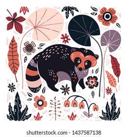 Vector flat hand drawn illustrations. Cute raccoon surrounded by plants and flowers. Isolated objects for your design. Each object can be changed and moved.