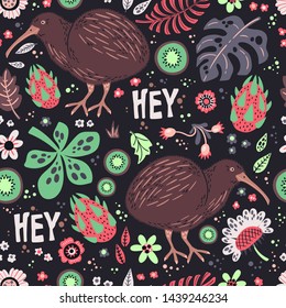 Vector flat hand drawn illustrations. Seamless pattern. Cute kiwi bird surrounded by plants and flowers. Lettering: Hey. Isolated objects for your design. Each object can be changed and moved.