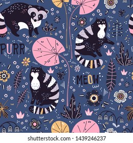 Vector flat hand drawn illustrations. Seamless pattern. Cute raccoons and cats with plants and flowers. Lettering: meow, purr. Isolated objects for your design. Each object can be changed and moved.