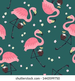 Vector flat hand drawn illustrations. Seamless pattern. Flamingo with flowers. Isolated objects for your design. Each object can be changed and moved.