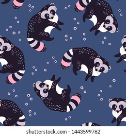 Vector flat hand drawn illustrations. Seamless pattern. Cute raccoons with flowers. Isolated objects for your design. Each object can be changed and moved.