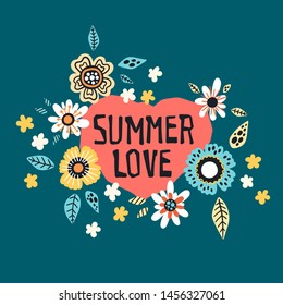 Vector flat hand drawn illustrations. Cute giraffes surrounded by tropical plants and flowers. Lettering: Summer Love. Isolated objects for your design. Each object can be changed and moved.