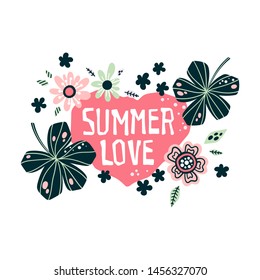 Vector flat hand drawn illustrations. Cute giraffes surrounded by tropical plants and flowers. Lettering: Summer Love. Isolated objects for your design. Each object can be changed and moved.