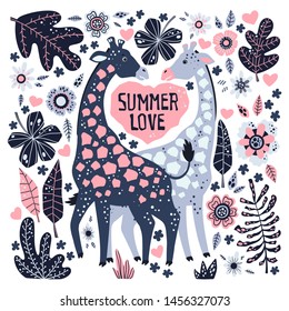 Vector flat hand drawn illustrations. Cute giraffes surrounded by tropical plants and flowers. Lettering: Summer Love. Isolated objects for your design. Each object can be changed and moved.