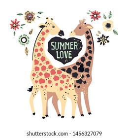 Vector flat hand drawn illustrations. Cute giraffes surrounded by tropical plants and flowers. Lettering: Summer Love. Isolated objects for your design. Each object can be changed and moved.