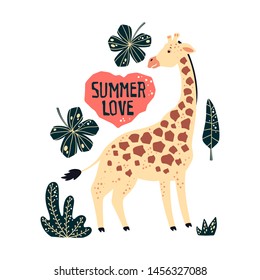 Vector flat hand drawn illustrations. Cute giraffes surrounded by tropical plants and flowers. Lettering: Summer Love. Isolated objects for your design. Each object can be changed and moved.