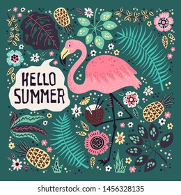 Vector flat hand drawn illustrations. Cute flamingo surrounded by tropical fruits, plants and flowers. Lettering: Hello Summer. Isolated objects for your design. Each object can be changed and moved.