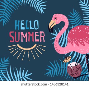 Vector flat hand drawn illustrations. Cute flamingo surrounded by tropical fruits, plants and flowers. Lettering: Hello Summer. Isolated objects for your design. Each object can be changed and moved.