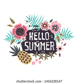 Vector flat hand drawn illustrations. Lettering: Hello Summer - surrounded by tropical fruits, plants and flowers. Isolated objects for your design. Each object can be changed and moved.