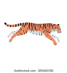 Vector flat hand drawn jumping tiger isolated on white background