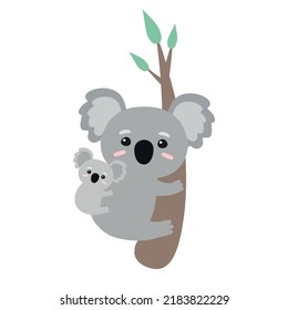 Vector flat hand drawn koala on tree branch isolated on white background
