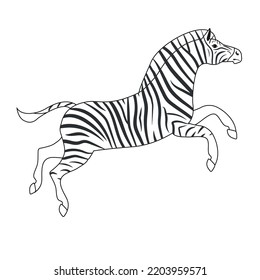 Vector flat hand drawn outline jumping zebra isolated on white background
