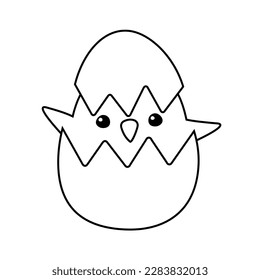 Vector flat hand drawn outline chick in egg shell isolated on white background