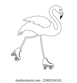 Vector flat hand drawn outline flamingo riding roller skates isolated on white background