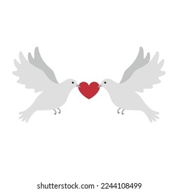 Vector flat hand drawn pair of love doves isolated on white background