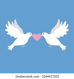 Vector flat hand drawn pair of love doves isolated on blue background