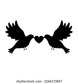 Vector flat hand drawn pair of love doves silhouette isolated on white background