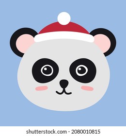 Vector flat hand drawn panda face in Christmas hat isolated on blue background