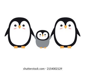 Vector flat hand drawn penguin family isolated on white background