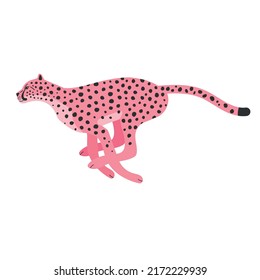 Vector flat hand drawn pink running cheetah isolated on white background