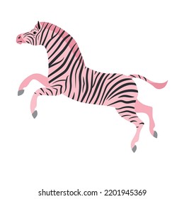 Vector flat hand drawn pink jumping zebra isolated on white background