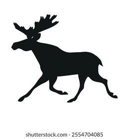 Vector flat hand drawn running moose silhouette isolated on white background