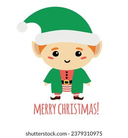 Vector de mano plana dibujó a Santa Elf con alegre texto de Navidad aislado en fondo blanco