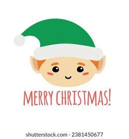 Vector flat hand drawn Santa elf face with merry Christmas text isolated on white background