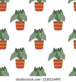 Vector flat hand drawn seamless pattern with plant in a flowerpot