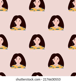 Vector flat hand drawn seamless 
pattern. Portrait of girl