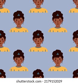 Vector flat hand drawn seamless 
pattern. Portrait of girl