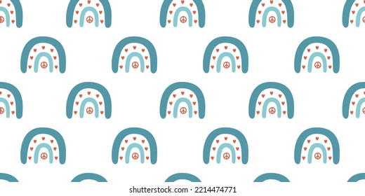 Vector flat hand drawn seamless pattern with cute rainbows. Flat vector hippy boho illustration. Hand drawn retro groovy elements