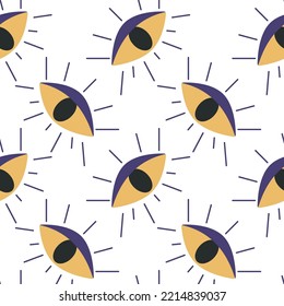 Vector flat hand drawn seamless pattern with all seeing eye. Flat vector hippy boho illustration. Hand drawn retro groovy elements
